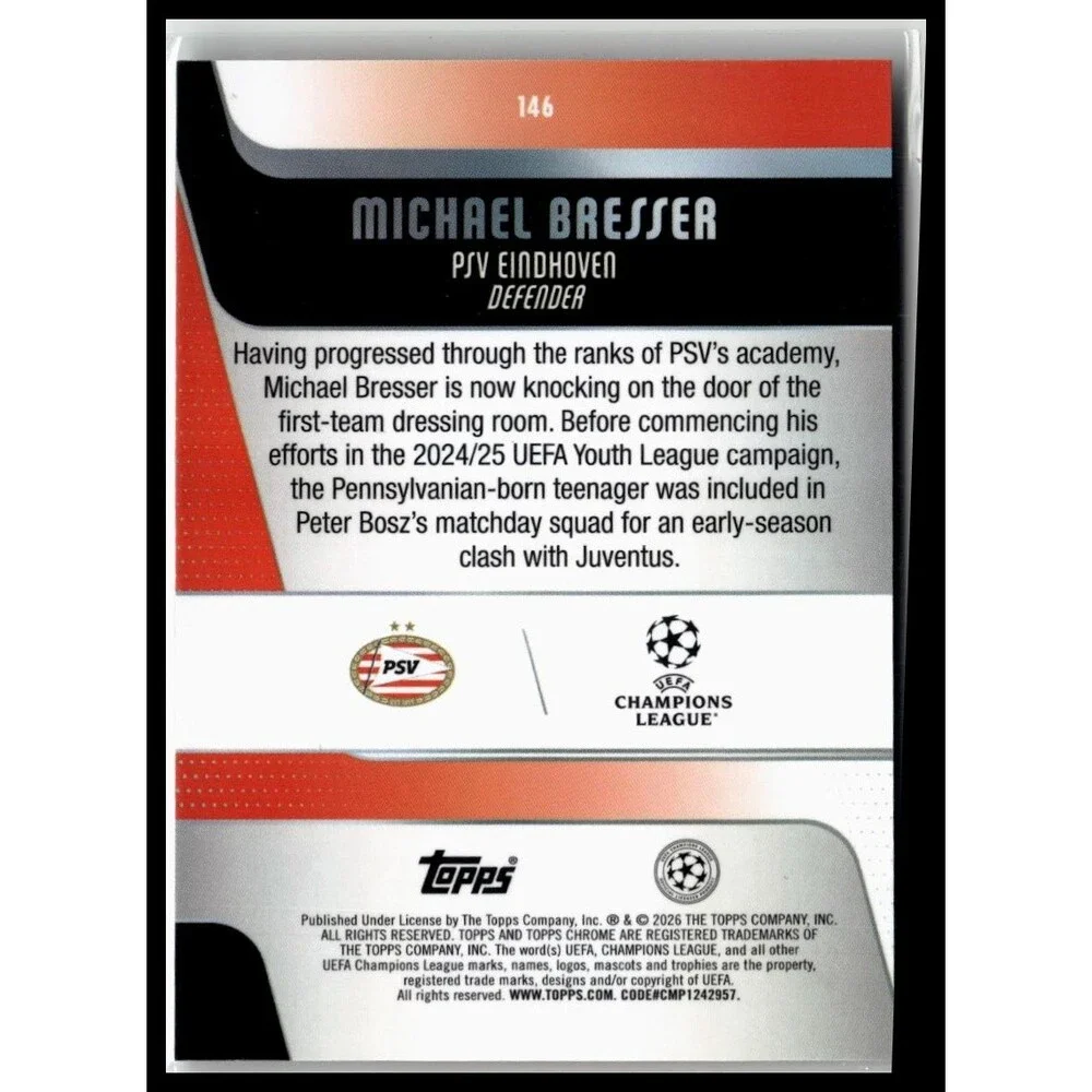 2025-26 Topps Chrome UEFA Michael Bresser #146 PSV Raywave Refractor Rookie